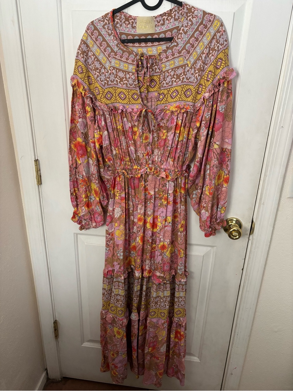 Judith March Pink Floral Maxi Dress with Yellow Trim